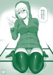 Rule 34 | 1girl, arm behind back, breasts, cleavage, commentary request, eyebrows, gradient background, green theme, hair between eyes, head tilt, highres, hood, hood up, hoodie, kneeling, large breasts, legs together, looking at viewer, mimikaki, monochrome, musical note, no shoes, original, panties, pantyshot, partially unzipped, quaver, sabo rina, shadow, sitting, smile, solo, spoken musical note, tatami, thighhighs, translation request, underwear, wariza, yano toshinori, zipper