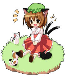 Rule 34 | 1girl, animal ears, bad id, bad pixiv id, brown hair, cat, cat ears, cat tail, chen, earrings, female focus, hat, jewelry, multiple tails, musical note, pila-pela, short hair, solo, tail, touhou