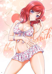 Rule 34 | 1girl, absurdres, bikini, bikini skirt, blue eyes, blush, breasts, character name, cleavage, closed mouth, collarbone, contrapposto, covered erect nipples, diagonal stripes, floral print, front-tie bikini top, front-tie top, groin, hand in own hair, head tilt, highres, long hair, looking at viewer, love live!, love live! school idol project, medium breasts, microskirt, nanno koto, nishikino maki, page number, pink background, print bikini, print skirt, red hair, skirt, smile, solo, standing, striped, striped background, swept bangs, swimsuit, white bikini, white skirt