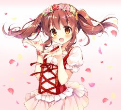 Rule 34 | 1girl, blush, bow, bracelet, brown eyes, brown hair, dot nose, dress, falling petals, frilled dress, frills, hair bow, hair ornament, hands up, head wreath, idolmaster, idolmaster cinderella girls, idolmaster cinderella girls starlight stage, jewelry, long hair, looking at viewer, necklace, ogata chieri, open mouth, petals, pink background, puffy short sleeves, puffy sleeves, short sleeves, simple background, smile, solo, suimya, twintails, white dress