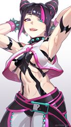 Rule 34 | 1girl, abs, arms behind head, breasts, collar, fingerless gloves, gloves, han juri, looking at viewer, martial arts belt, midriff, multicolored eyes, multicolored hair, muscular, muscular female, short hair, spiked collar, spikes, street fighter, street fighter 6, stretching, tongue, twintails, yin yang, yin yang print, yonezawa mao