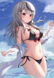 Rule 34 | 1girl, absurdres, bikini, black bikini, black hair, blush, bow, braid, breasts, cleavage, closed mouth, cloud, cowboy shot, day, grey hair, groin, hair ornament, hairclip, halterneck, hand up, highres, hololive, jacket, kag tsukimi, large breasts, long hair, looking at viewer, multicolored hair, nail polish, navel, off shoulder, open clothes, panties, plaid, plaid bow, red eyes, red nails, sakamata chloe, sidelocks, smile, solo, standing, streaked hair, string bikini, string panties, swimsuit, thighs, underwear, virtual youtuber, water, wet, wet clothes, white jacket, x hair ornament
