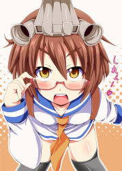Rule 34 | 10s, 1girl, bespectacled, brown hair, close-up, from above, glasses, headgear, ikue fuuji, kantai collection, leaning forward, looking at viewer, machinery, open mouth, red-framed eyewear, short hair, solo, yellow eyes, yukikaze (kancolle)