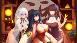 Rule 34 | 3girls, azur lane, black hair, blue flower, braid, breast curtains, breasts, brown hair, brushing another&#039;s hair, brushing hair, bug, bursting breasts, butterfly, butterfly on hand, china dress, chinese clothes, chinese new year, cleavage cutout, clothing cutout, crossed bangs, dress, feather boa, fishnet legwear, fishnets, flower, garter straps, gloves, gold trim, grey dress, hair between eyes, hair down, hair flower, hair ornament, hairdressing, half gloves, hiei (azur lane), hiei (fragrant red plum) (azur lane), highres, horns, huge breasts, insect, large breasts, leaning forward, long hair, looking at viewer, manjuu (azur lane), moli qiyue, multiple girls, official alternate costume, orange eyes, pelvic curtain, purple dress, red dress, red eyes, revealing clothes, see-through, see-through sleeves, short hair, side braid, sirius (azur lane), sirius (azure horizons) (azur lane), sitting, sleeveless, sleeveless dress, taihou (azur lane), taihou (phoenix&#039;s spring song) (azur lane), thighhighs, twin braids, very long hair, white gloves, white hair, white legwear