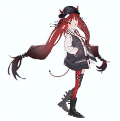 Rule 34 | 1girl, arknights, asymmetrical legwear, belt, black belt, black footwear, black hat, black jacket, black thighhighs, blurry, boots, braid, cabbie hat, collared shirt, demon horns, demon tail, depth of field, dobudouhu, dress shirt, expressionless, from side, hair ornament, hair ribbon, hairclip, hand in pocket, hat, highres, horns, jacket, long hair, looking at viewer, low-tied long hair, mismatched legwear, multicolored clothes, multicolored jacket, necktie, open clothes, open jacket, open mouth, pointy ears, red eyes, red necktie, red thighhighs, ribbon, shirt, simple background, solo, studded belt, tail, thighhighs, twintails, two-tone jacket, very long hair, vigna (arknights), white background, white jacket, white shirt, wing collar
