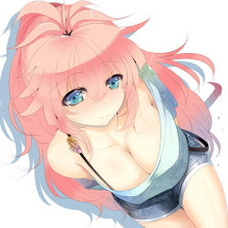 Rule 34 | 1girl, bare shoulders, bent over, blue eyes, blush, breasts, cleavage, collarbone, large breasts, leaning forward, long hair, original, pink hair, ponytail, short shorts, shorts, silhouette, simple background, smile, solo, strap, sts