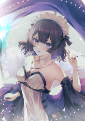 Rule 34 | 1girl, arknights, bare shoulders, breasts, commentary request, detached sleeves, dress, highres, jewelry, kjera (arknights), kjera (ingenious servant) (arknights), large breasts, looking at viewer, maid, maid headdress, nail polish, necklace, official alternate costume, purple eyes, purple hair, purple nails, shengyue, short hair, solo, upper body, wrist cuffs
