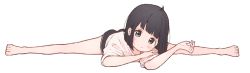 Rule 34 | 1girl, 1ssakawaguchi, :t, ahoge, arm rest, bare legs, barefoot, black hair, black shorts, blue eyes, blunt bangs, blunt ends, blush, bob cut, closed mouth, dot nose, elbow rest, expressionless, flexible, foreshortening, hand up, head rest, head tilt, highres, legs, looking at viewer, original, revision, shirt, short hair, short shorts, short sleeves, shorts, simple background, solo, split, straight hair, t-shirt, tareme, toes, white background, white shirt