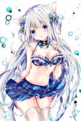 Rule 34 | 1girl, animal ear fluff, animal ears, bare shoulders, bell, black choker, blue bra, blue eyes, blue skirt, blush, bow, bow bra, bra, breasts, cat ears, cat girl, cat tail, choker, cleavage, collarbone, commentary request, diagonal stripes, frilled bra, frills, hair bell, hair bow, hair ornament, hand up, head tilt, long hair, looking at viewer, medium breasts, nanase nao, original, parted lips, plaid, plaid skirt, silver hair, skirt, solo, striped, striped bow, tail, thighhighs, underwear, very long hair, white thighhighs