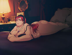 Rule 34 | 1girl, arm support, ass, bed, bedroom, blush, bra, breasts, feet, hilda boreas greyrat, large breasts, legs, long hair, looking at viewer, lying, mature female, mushoku tensei, on stomach, red eyes, red hair, solo, the pose, thick thighs, thighs, underwear