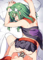 2boys ako_(shinrabanshou) all_fours anus ass ass_grab bangle bar_censor bare_shoulders bracelet censored clothed_sex clothes_lift doggystyle fang green_hair grey_shirt grey_skirt hairband highres japanese_clothes jewelry kimono looking_at_viewer looking_back male_focus miniskirt multiple_boys open_mouth penis pillow pleated_skirt pov red_kimono red_sailor_collar sailor_collar samael_(shinrabanshou) sex sex_from_behind shinrabanshou shirt skirt skirt_lift sleeveless slit_pupils smile solo_focus spread_anus sweat tears testicles thighhighs trap unazuki_(sima_hitsuji) white_hairband white_thighhighs yaoi yellow_eyes