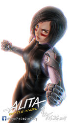 Rule 34 | 1girl, alita: battle angel, backlighting, black hair, bodysuit, breasts, brown eyes, clenched hands, commentary, commentary request, commentary typo, cyberpunk, cyborg, facepaint, fighting stance, alita, battle angel alita, highres, looking at viewer, mechanical arms, medium breasts, naga yasu, pants, short hair, sleeveless, solo, tight clothes, tight pants, white background