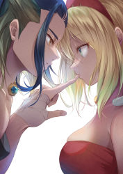 Rule 34 | 1boy, 1girl, adaman (pokemon), bandaged hand, bandages, bare shoulders, blonde hair, blue eyes, blue hair, breasts, brown eyes, creatures (company), eye contact, finger to another&#039;s mouth, game freak, hairband, highres, irida (pokemon), large breasts, looking at another, nintendo, pokemon, pokemon legends: arceus, red hairband, short hair, simple background, skindentation, strapless, tube top, upper body, white background, yue (lov n n)