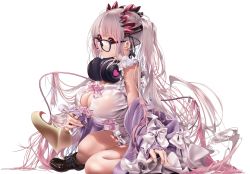 Rule 34 | 1girl, nanashi inc., absurdly long hair, boots, breasts, cleavage, cleavage cutout, clothing cutout, demon girl, demon horns, demon tail, doatobira, dress, frills, full body, glasses, headphones, headphones around neck, highres, honey strap, horns, huge breasts, knees, legs, long hair, looking at viewer, mimikaki, multicolored hair, on floor, open mouth, pink hair, pink ribbon, pointy ears, red eyes, ribbon, silver hair, simple background, sitting, solo, suou patra, tail, transparent background, two-tone hair, very long hair, virtual youtuber