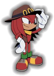 Rule 34 | 1boy, adjusting clothes, adjusting headwear, animal nose, arm up, bandana, body fur, bottomless, brown hat, brown vest, closed mouth, cowboy hat, digimin, full body, furry, furry male, gloves, hand on own hip, happy, hat, knuckles the echidna, long hair, looking to the side, male focus, non-web source, official art, open clothes, open vest, outline, purple eyes, red footwear, red fur, red hair, ring (sonic), shoes, sidelocks, sideways mouth, simple background, smile, solo, sonic (series), spiked gloves, standing, tail, the murder of sonic the hedgehog, transparent background, vest, yellow bandana, yellow gloves