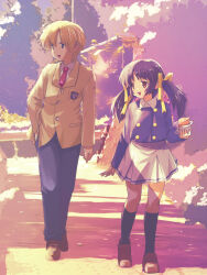 Rule 34 | 1boy, 1girl, :d, akayama yukihe, arm at side, black socks, blonde hair, blue eyes, blue hair, blue jacket, brother and sister, brown eyes, brown footwear, clannad, commentary request, dusk, food, full body, hair ribbon, hand in pocket, hand up, highres, hikarizaka private high school uniform, holding, holding food, jacket, kneehighs, light blush, loafers, long hair, long ribbon, long sleeves, looking to the side, miniskirt, necktie, open mouth, outdoors, parted bangs, red necktie, ribbon, road, school uniform, shoes, short hair, siblings, sidelighting, skirt, smile, socks, standing, sunohara mei, sunohara youhei, twintails, v-shaped eyebrows, white skirt, yellow jacket, yellow ribbon