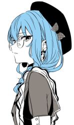 Rule 34 | 1girl, apron, beret, blue hair, bow, braid, breasts, commentary request, dress, earrings, expressionless, from side, glasses, greyscale, hair between eyes, hair over shoulder, hat, hat bow, hololive, hoshimachi suisei, hoshimachi suisei (maid), jewelry, long hair, looking at viewer, looking to the side, low-braided long hair, low-tied long hair, maid apron, monochrome, official alternate costume, official alternate hairstyle, parted lips, round eyewear, side braid, sideways glance, simple background, single braid, small breasts, solo, spot color, star (symbol), star in eye, symbol in eye, tsumumi (kandume103), virtual youtuber, white background