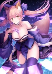 Rule 34 | 1girl, animal ear fluff, animal ears, artist name, bare shoulders, blue kimono, blue ribbon, blue thighhighs, blush, breasts, cleavage, collarbone, detached sleeves, fate/extella, fate/extra, fate/extra ccc, fate/grand order, fate (series), fox ears, fox girl, fox tail, hair ribbon, highres, japanese clothes, kimono, large breasts, looking at viewer, pink hair, ribbon, solo, tail, tamamo (fate), tamamo no mae (fate/extra), thighhighs, yellow eyes, yuzushiro