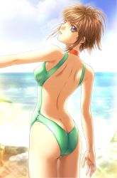 Rule 34 | 1girl, ass, back, beach, breasts, brown hair, butt crack, choker, cloud, collar, day, covered erect nipples, from behind, game cg, highres, lipstick, looking back, makeup, mikami yuuki, mikami yuuki (sodom no shima), nakamura nishiki, one-piece swimsuit, outdoors, purple eyes, short hair, sky, small breasts, sodom no shima, sodom no shima: night of blind, solo, swimsuit, water