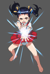 Rule 34 | 1girl, angry, barefoot, black hair, brown eyes, child, chyko, feet, fingernails, flat chest, floating hair, greek toe, grey background, hadouken, highres, legs, open mouth, original, panties, pantyshot, shouting, simple background, skirt, solo, street fighter, suspenders, teeth, toenails, toes, tongue, twintails, underwear, uneven eyes, upskirt