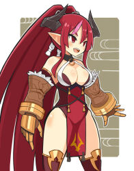 Rule 34 | 1girl, :d, breasts, cleavage, cowboy shot, disgaea, gauntlets, higan zesshousai, highres, large breasts, legs apart, leotard, long hair, looking to the side, makai senki disgaea 7, multicolored hair, open mouth, pink hair, pointy ears, ponytail, red eyes, red hair, red leotard, red thighhighs, shiny skin, smile, solo, standing, streaked hair, suaman, tabard, tassel, thick eyebrows, thighhighs, thighs, two-tone hair, very long hair