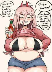 Rule 34 | 1girl, belly, bikini, black bikini, blonde hair, blue shorts, blush, breasts, chainsaw man, clothes lift, demon horns, denim, denim shorts, english text, hair between eyes, hood, hoodie, horns, jacket, large breasts, long hair, looking at viewer, midriff, navel, notnoe (dxcl), open mouth, pink hoodie, plump, power (chainsaw man), red horns, sharp teeth, shirt, shorts, sideboob, simple background, smile, solo, stomach, swimsuit, tabasco, teeth, thick thighs, thighs