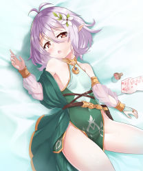 Rule 34 | 1girl, antenna hair, areola slip, bare shoulders, bed sheet, bin1998, blush, breasts, bridal gauntlets, collarbone, commentary request, covered navel, dress, flower, green dress, hair between eyes, hair flower, hair ornament, hand up, heavy breathing, highres, kokkoro (princess connect!), long sleeves, looking at viewer, lying, on back, open mouth, pointy ears, princess connect!, puffy long sleeves, puffy sleeves, purple hair, red eyes, see-through, see-through sleeves, sleeveless, sleeveless dress, small breasts, solo, white flower, white sleeves