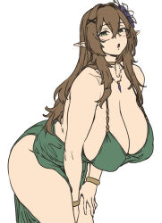 Rule 34 | 1girl, :o, bare arms, bare shoulders, between legs, bracelet, breasts, brown hair, brown haired glasses elf (houtengeki), choker, cleavage, cowboy shot, curvy, dress, elf, flower, glasses, green dress, green eyes, hair between eyes, hair flower, hair ornament, hairclip, hand between legs, hand on own thigh, highres, houtengeki, huge breasts, jewelry, leaning forward, long hair, looking at viewer, necklace, open mouth, original, pointy ears, sidelocks, simple background, sketch, sleeveless, sleeveless dress, solo, straight hair, thighs, white background