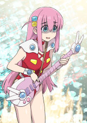Rule 34 | 1girl, blue eyes, bocchi the rock!, breasts, commentary request, cosplay, cube hair ornament, electric guitar, gotoh hitori, guitar, hair between eyes, hair ornament, hair over eyes, highres, instrument, leaning forward, leotard, long hair, macross, macross 7, mylene jenius, mylene jenius (cosplay), one side up, pink hair, red leotard, shaded face, small breasts, solo, ueyama michirou