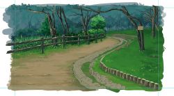 Rule 34 | border, bush, commentary request, fence, grass, nanabuluku, no humans, original, outdoors, path, road, scenery, tree, wooden fence