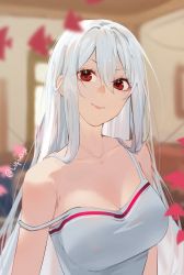 Rule 34 | 1girl, absurdres, arknights, ascot, bare shoulders, blurry, blurry background, breasts, closed mouth, collarbone, commentary, hair between eyes, hat, highres, huge filesize, long hair, lufi ays, medium breasts, red eyes, silver hair, skadi (arknights), solo, strap slip, tank top, twitter username, upper body, white tank top