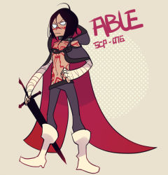 Rule 34 | 1boy, bad id, bad pixiv id, bandages, black hair, boots, cape, chain, character name, collar, dark skin, dark-skinned male, hand on own hip, hood, jotman, male focus, navel, scp-076-2, scp foundation, solo, standing, sword, tattoo, weapon