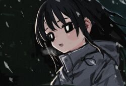 Rule 34 | 1girl, :d, black eyes, black hair, bright pupils, coat, dark background, grey coat, high collar, highres, light blush, long hair, looking ahead, open mouth, original, parted lips, portrait, shii595, smile, snowing, solo, white pupils, wind