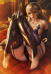 Rule 34 | 1girl, artist name, ass, barefoot, bed sheet, black hairband, black legwear, black panties, blonde hair, breasts, bridal gauntlets, cleavage, collarbone, commentary, corrin (female) (fire emblem), corrin (fire emblem), dated, english commentary, feet, fire emblem, full body, garter straps, hair between eyes, hairband, legs up, limgae, long hair, looking at viewer, lying, medium breasts, nintendo, on back, panties, parted lips, pillow, pointy ears, red eyes, red lips, shin guards, skindentation, slit pupils, solo, toes, underwear, watermark, web address