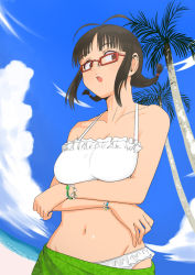 Rule 34 | 1girl, :o, akizuki ritsuko, antenna hair, bare shoulders, bikini, bracelet, braid, breast hold, breasts squeezed together, breasts, brown eyes, brown hair, cleavage, glasses, halterneck, idolmaster, idolmaster (classic), jewelry, large breasts, navel, open mouth, palm tree, perspective, red-framed eyewear, sarong, solo, swimsuit, tree, tsurui, twin braids