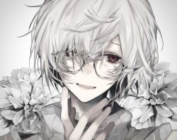 Rule 34 | 00 gx4, 1boy, flower, glasses, hair over eyes, highres, looking at viewer, male focus, open mouth, original, red eyes, short hair, smile, upper body, white flower