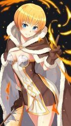 Rule 34 | 1girl, black background, blonde hair, blue eyes, blush, bob cut, breasts, brown cape, brown dress, brown gloves, cape, closed mouth, commentary, cowboy shot, dress, fire, fur-trimmed cape, fur-trimmed gloves, fur trim, gloves, high wizard (ragnarok online), highres, holding, holding wand, ike masato, index finger raised, kathryne keyron, looking at viewer, magic, ragnarok online, short dress, short hair, simple background, small breasts, smile, solo, two-sided cape, two-sided fabric, two-tone dress, wand, white cape, white dress
