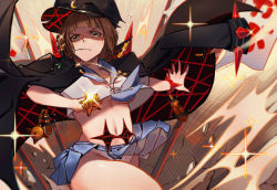 Rule 34 | 1girl, brass knuckles, brown hair, commentary request, crescent, crescent moon, crescent pin, crop top, epaulettes, frown, hat, jacket, jacket on shoulders, kill la kill, mankanshoku mako, march ab, midriff, moon, mouth hold, navel, neckerchief, outstretched arm, panties, pantyshot, peaked cap, pleated skirt, skirt, solo, sparkle, standing, star (symbol), underwear, weapon, white panties