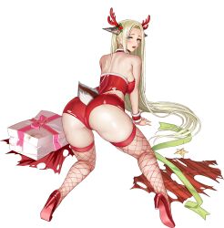 Rule 34 | 1girl, animal ears, ass, bare shoulders, battle, blonde hair, blue eyes, blush, box, breasts, christmas, christmas ornaments, christmas present, deer ears, deer tail, defeat, fake animal ears, fake antlers, fake tail, fishnet thighhighs, fishnets, fur-trimmed leotard, fur trim, gift, gift box, gift wrapping, hair intakes, hair ornament, high heels, highleg, highleg leotard, highres, injury, kneeling, large breasts, last origin, leotard, light green hair, long hair, looking at viewer, looking back, mechanical parts, median furrow, micro shorts, mistletoe hair ornament, no bra, official alternate costume, official art, pink ribbon, red footwear, red leotard, red shorts, red thighhighs, red wrist cuffs, ribbed leotard, ribbon, shorts, shoulder blades, sideboob, sitting, skindentation, solo, star ornament, taesi, tail, tally, tearing up, thighhighs, torn clothes, torn footwear, torn leotard, torn shorts, torn thighhighs, transparent background, very long hair, wraithy (last origin), wrist cuffs