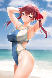 Rule 34 | 1girl, arms behind head, beach, blue sky, breasts, cloud, commentary request, competition swimsuit, day, hair ribbon, heterochromia, highleg, highleg swimsuit, highres, hololive, horizon, houshou marine, large breasts, long hair, looking at viewer, ocean, one-piece swimsuit, outdoors, red eyes, red hair, red ribbon, ribbon, sky, solo, swimsuit, twintails, utdkaz, very long hair, virtual youtuber, yellow eyes