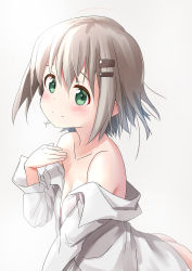 Rule 34 | 1girl, absurdres, ass, bare shoulders, commentary request, green eyes, grey hair, hair ornament, hairclip, highres, kohshibasaki, long sleeves, looking at viewer, looking to the side, open clothes, open shirt, shirt, short hair, solo, white background, white shirt, wind, yama no susume, yukimura aoi