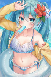 Rule 34 | 1girl, aqua eyes, aqua hair, armpit crease, beach, bikini, collarbone, commentary, cowboy shot, day, flower, food, food in mouth, frilled bikini, frills, hair flower, hair ornament, hair ribbon, hand up, hatsune miku, hibiscus, highres, innertube, jacket, long hair, looking at viewer, mouth hold, navel, noneon319, open clothes, open jacket, outdoors, popsicle, popsicle in mouth, red flower, ribbon, shoulder tattoo, solo, swim ring, swimsuit, tattoo, twintails, very long hair, vocaloid, yellow jacket