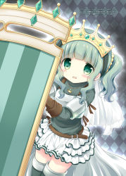 Rule 34 | 1girl, armor, belt, black hairband, blush, boots, breastplate, cape, checkered background, futaba sana, gem, green eyes, green hair, green sweater, green theme, hairband, jewelry, long sleeves, looking at viewer, magia record: mahou shoujo madoka magica gaiden, mahou shoujo madoka magica, nanase miori, necklace, open mouth, shield, short hair, skirt, solo, sweater, white cape, white skirt
