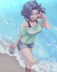 Rule 34 | 1girl, :d, adjusting hair, beach, beer can, black bra, bra, breasts, can, commentary request, drink can, from above, grand blue, green shirt, grey shorts, hamaoka azusa, kyou fumei, looking at viewer, medium breasts, ocean, off-shoulder shirt, off shoulder, open mouth, purple eyes, purple hair, shirt, short hair, short shorts, shorts, signature, smile, solo, underwear, watermark