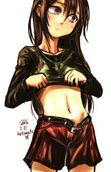 Rule 34 | 1girl, belt, blush, brown hair, clothes lift, commentary request, cowboy shot, dated, embarrassed, flying sweatdrops, frown, green shirt, hair between eyes, head tilt, highres, kotoba noriaki, lifted by self, long hair, long sleeves, midriff, navel, original, purple eyes, red skirt, shirt, signature, simple background, skirt, skirt lift, solo, standing, white background