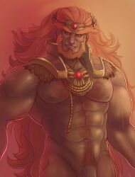 Rule 34 | 1boy, abs, arm hair, armor, ash dickens (benzyart), bara, bare pectorals, beard, bottomless, chest hair, circlet, colored skin, cowboy shot, facial hair, fur-trimmed armor, fur trim, ganondorf, gem, gradient background, green skin, highres, hyrule warriors, large pectorals, long hair, looking at viewer, male focus, male pubic hair, mature male, muscular, muscular male, navel, navel hair, nintendo, nipples, orange hair, pectorals, penis out of frame, pointy ears, pubic hair, red gemstone, sharp teeth, shoulder armor, simple background, smile, solo, teeth, the legend of zelda, thick beard, veins, veiny arms, very long hair