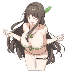 Rule 34 | 1girl, ;d, bare arms, bare shoulders, bikini, bikini pull, black survival, braid, breasts, brown hair, cleavage, clothes pull, collarbone, front-tie bikini top, front-tie top, green bikini, green eyes, gweon sua, hair ornament, hop3, jewelry, large breasts, leaning forward, long hair, looking at viewer, navel, necklace, one eye closed, open mouth, skindentation, smile, solo, standing, stomach, strap pull, string bikini, swimsuit, thigh strap, thighs, very long hair
