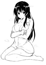 Rule 34 | 1girl, bare legs, barefoot, black hair, blush, breasts, cleavage, collarbone, collared shirt, crossed arms, full body, greyscale, ha akabouzu, highres, kotegawa yui, large breasts, long hair, long sleeves, looking at viewer, monochrome, naked shirt, no pants, open mouth, shirt, simple background, sitting, solo, to love-ru, wariza, white background, wing collar