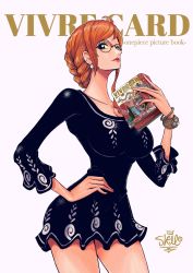 Rule 34 | 1girl, black eyes, book, bracelet, breasts, brown eyes, cowboy shot, curvy, earrings, english text, glasses, hand on own hip, highres, hip focus, holding, holding book, jewelry, large breasts, lips, lipstick, log pose, makeup, nami (one piece), one piece, orange hair, red lips, round eyewear, sherumaru (korcht06), signature, simple background, solo, text focus, thighs, white background