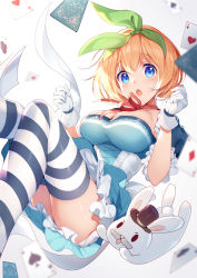 Rule 34 | 1girl, :o, alice in wonderland, animal, bison cangshu, black headwear, blue dress, blue eyes, blurry, blurry background, blurry foreground, blush, breasts, card, choker, cleavage, club (shape), collarbone, commentary request, depth of field, dress, facial hair, falling, feet out of frame, frilled dress, frills, gloves, go-toubun no hanayome, green ribbon, hair ribbon, hairband, hands up, heart, highres, knees up, large breasts, looking at viewer, medium breasts, mustache, nakano yotsuba, open mouth, orange hair, playing card, puffy short sleeves, puffy sleeves, rabbit, red ribbon, ribbon, ribbon choker, short sleeves, solo, spade (shape), striped clothes, striped thighhighs, thighhighs, white gloves, white thighhighs